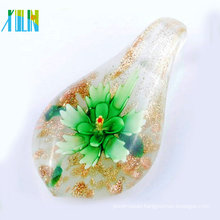 leaf beads printed green flower with gold dust glaze pendant
